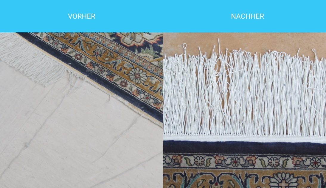 Vorher Nachher Vergleich einer Teppichreparatur bei welcher die Fransen in Handarbeit erneuert wurden